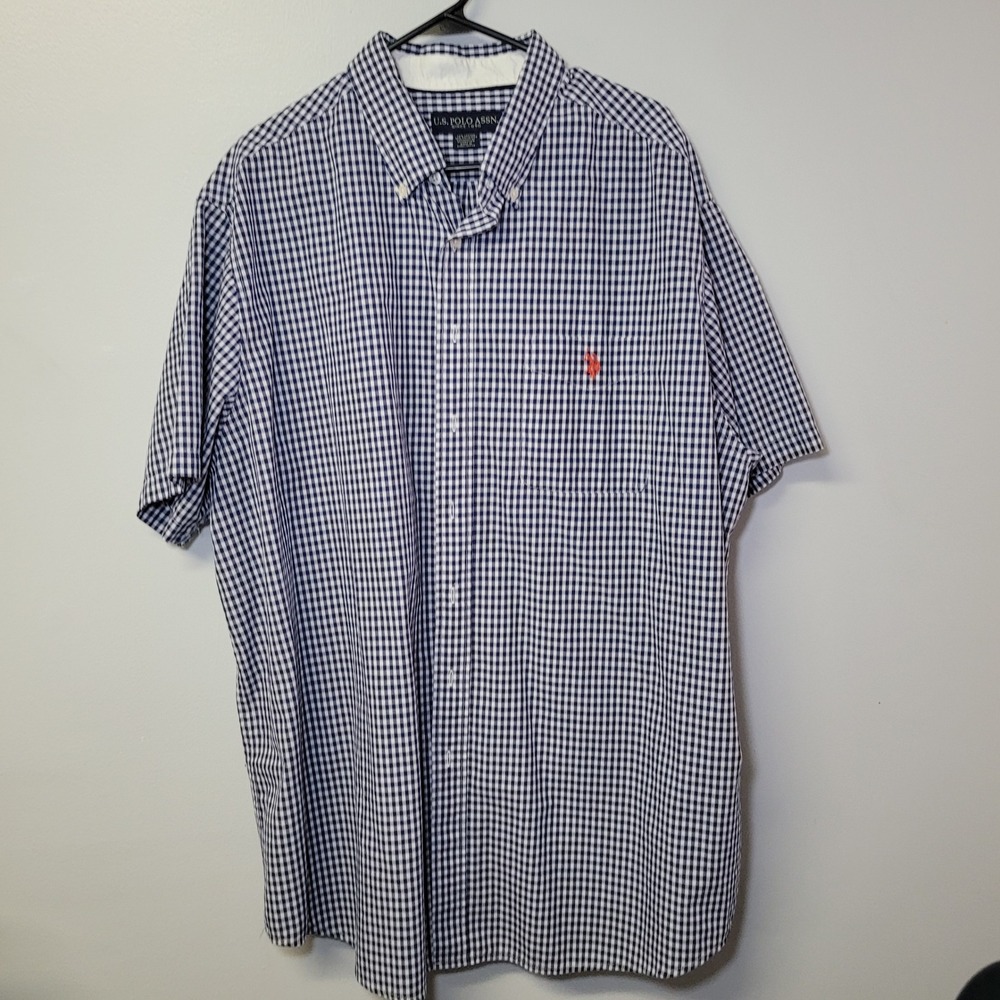 US Polo Assn Mens XLT Gingham Short Sleeve Button Up Shirt Blue White